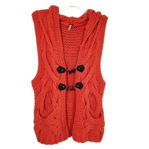Free People Chunky Cable Knit Hooded Sleeveless Sweater Vest Sz L Orange Toggle